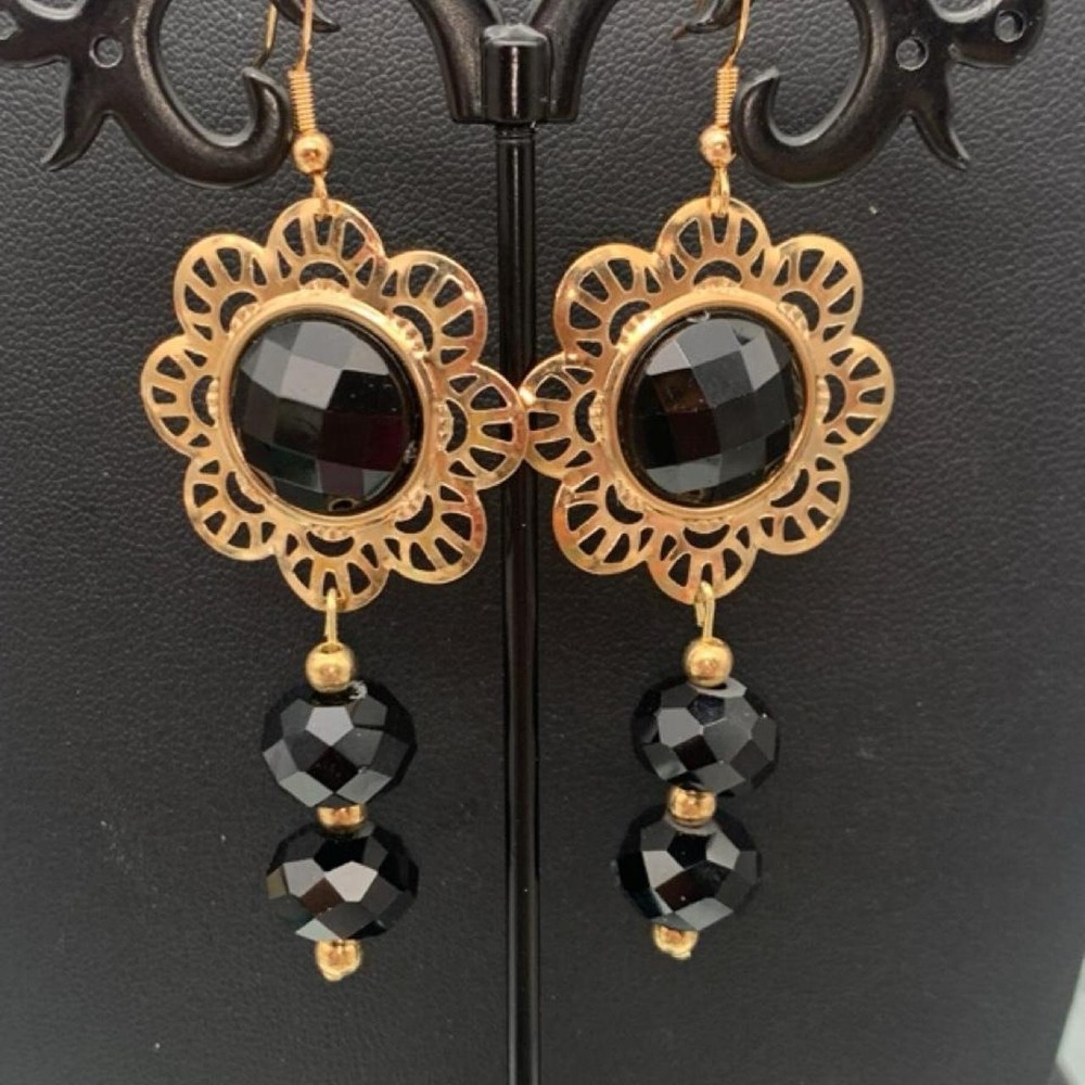 Vintage Black & Gold Tone earrings with black faceted beads